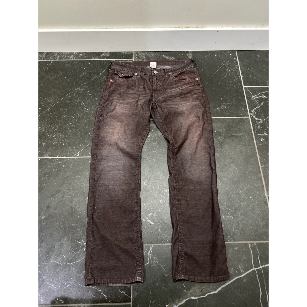 True Religion Mens Corduroy Pants Brown Straight Leg Faded Distressed Size 36 - Picture 2 of 3